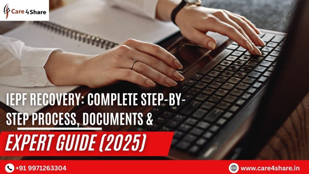 Hands typing on a keyboard with text about IEPF recovery step-by-step process and expert guide for 2025.